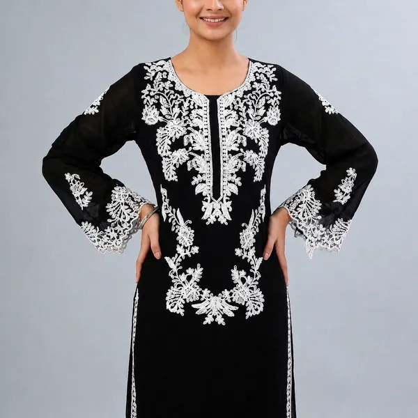 Black_Georgette_Embroidered_Straight_Kurta_For_Women