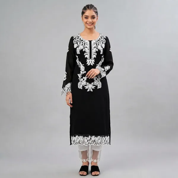 Black_Georgette_Embroidered_Straight_Kurta_For_Women