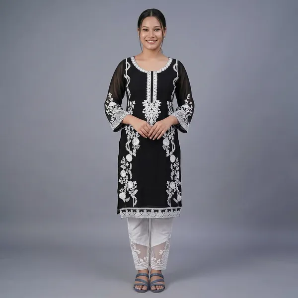 Black_Georgette_Floral_Embroidered_A-Line_Kurta_Set_For_Women