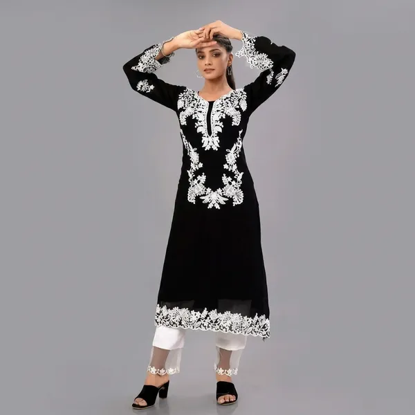 Black_Georgette_Solid_Straight_Kurti_For_Women