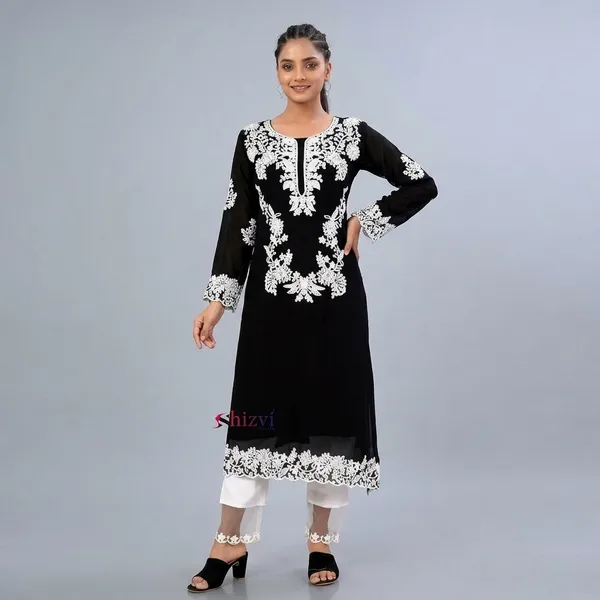 Black_Georgette_Solid_Straight_Kurti_For_Women