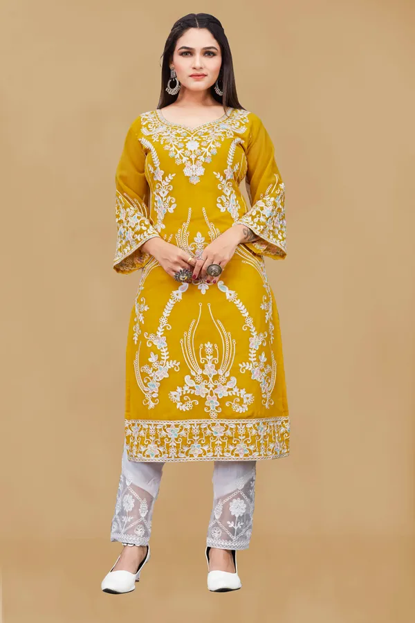 Yellow_Georgette_Floral_Embroidered_A-Line_Kurta_Set_For_Women