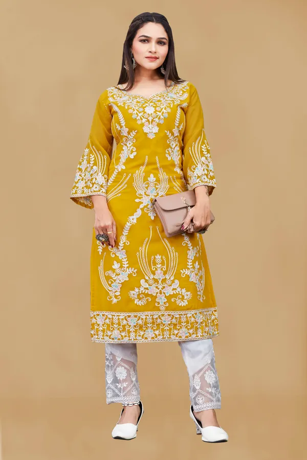 Yellow_Georgette_Floral_Embroidered_A-Line_Kurta_Set_For_Women