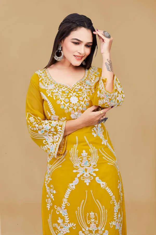 Yellow_Georgette_Floral_Embroidered_A-Line_Kurta_Set_For_Women