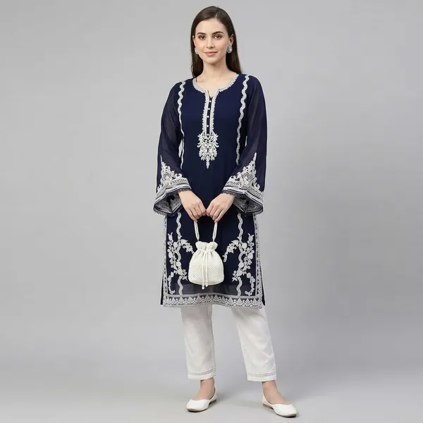 Blue_Georgette_Floral_Embroidered_Kurta_Set_For_Women
