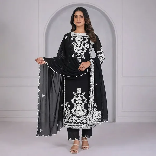Black_Georgette_Chikankari_Embroidered_Kurta_Set_With_Dupatta_For_Women