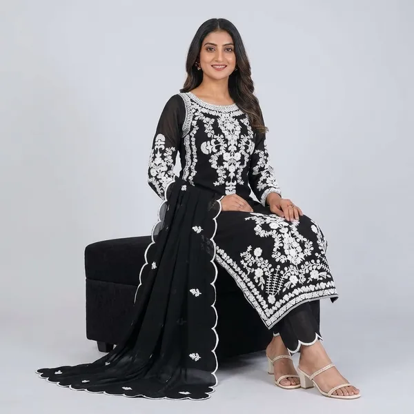 Black_Georgette_Chikankari_Embroidered_Kurta_Set_With_Dupatta_For_Women