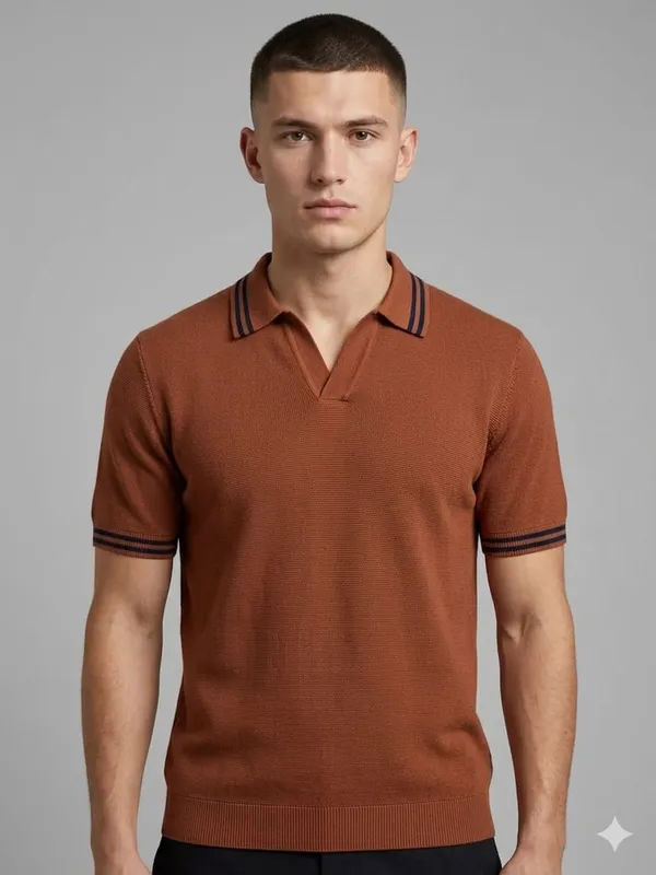Brown_Cotton_Ribbed_Knit_Contrast_Collar_Regular_Fit_Polo_T-Shirt_For_Men