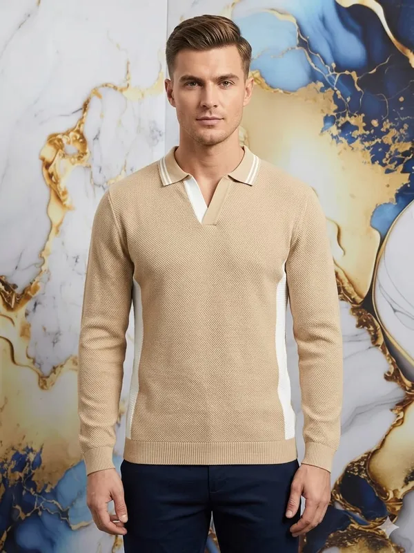 Beige_Cotton_Relaxed_Fit_Polo_Collar_Knit_T-Shirt_For_Men