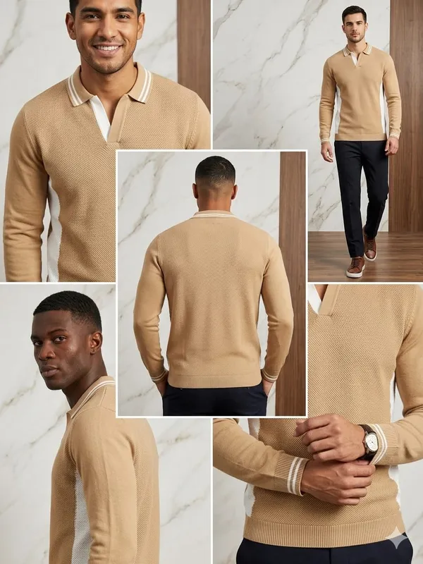 Beige_Cotton_Relaxed_Fit_Polo_Collar_Knit_T-Shirt_For_Men