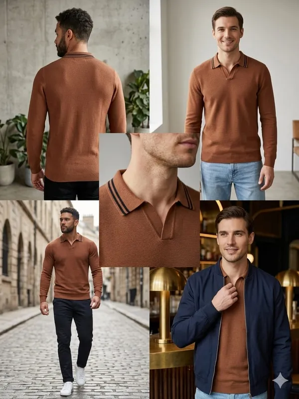 Chocolate_Brown_Cotton_Textured_Knit_Long_Sleeve_Polo_Sweater_For_Men
