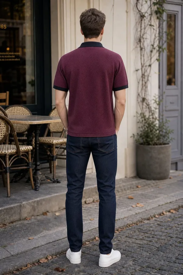Burgundy_Textured_Knit_Quarter_Zip_Polo_T-Shirt_For_Men