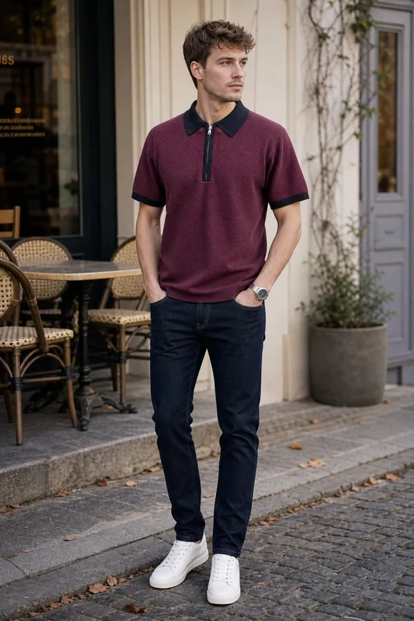 Burgundy_Textured_Knit_Quarter_Zip_Polo_T-Shirt_For_Men