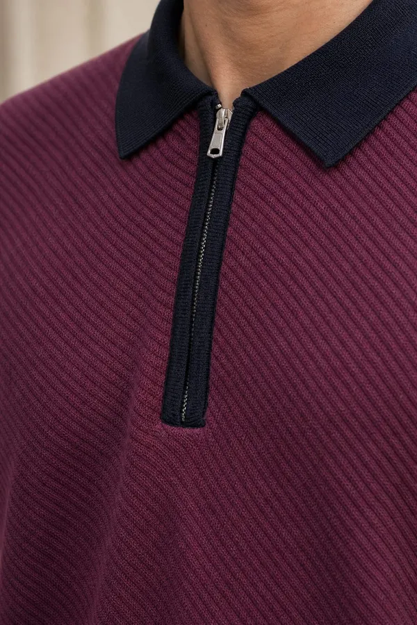 Burgundy_Textured_Knit_Quarter_Zip_Polo_T-Shirt_For_Men