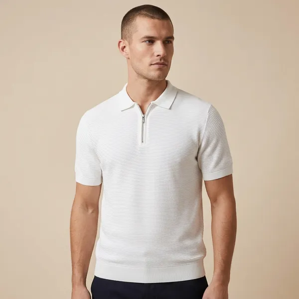 White_Cotton_Textured_Knit_Quarter_Zip_Polo_T-Shirt_For_Men