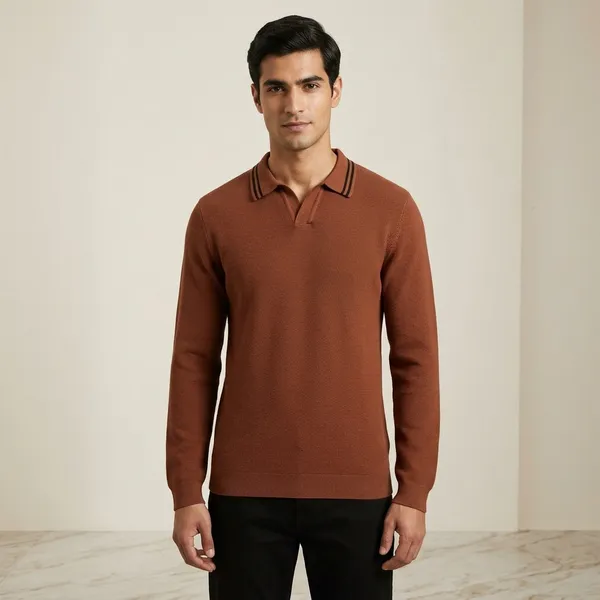 Chocolate_Brown_Cotton_Textured_Knit_Long_Sleeve_Polo_Sweater_For_Men