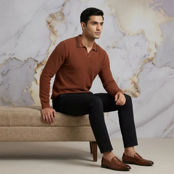Chocolate_Brown_Cotton_Textured_Knit_Long_Sleeve_Polo_Sweater_For_Men