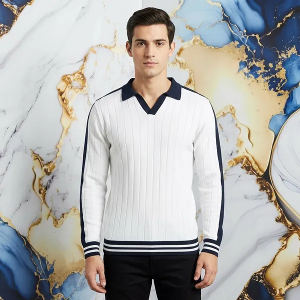 White_Cotton_Ribbed_Knit_Contrast_Trim_Polo_Pullover_For_Men