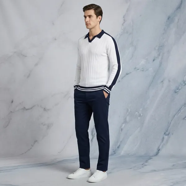 White_Cotton_Ribbed_Knit_Contrast_Trim_Polo_Pullover_For_Men
