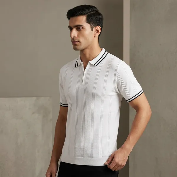 White_Textured_Knit_Contrast_Trim_Zip_Polo_T-Shirt_For_Men