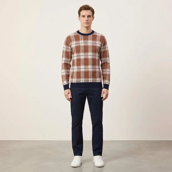 Brown_Cotton_Check_Jacquard_Knit_Relaxed_Fit_Pullover_Sweater_For_Men