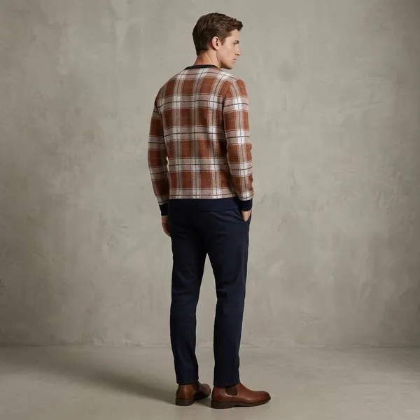 Brown_Cotton_Check_Jacquard_Knit_Relaxed_Fit_Pullover_Sweater_For_Men
