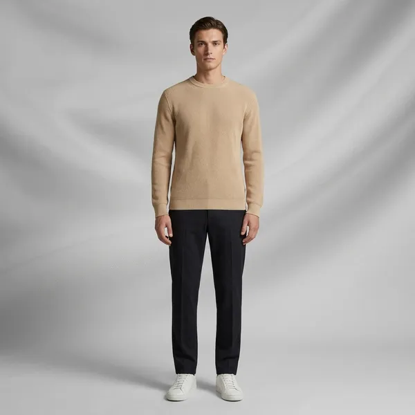 Beige_Cotton_Relaxed_Fit_Ribbed_Knit_Polo_T-Shirt_For_Men