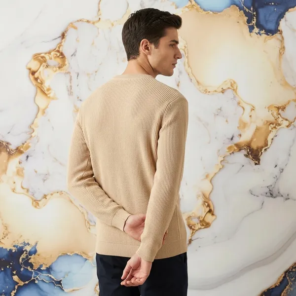 Beige_Cotton_Relaxed_Fit_Ribbed_Knit_Polo_T-Shirt_For_Men
