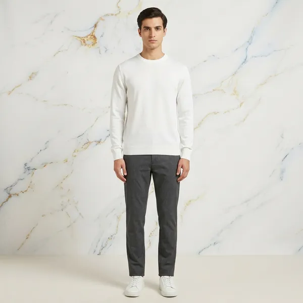 White_Cotton_Knit_Relaxed_Fit_Full_Sleeve_Crew_Neck_Pullover_For_Men