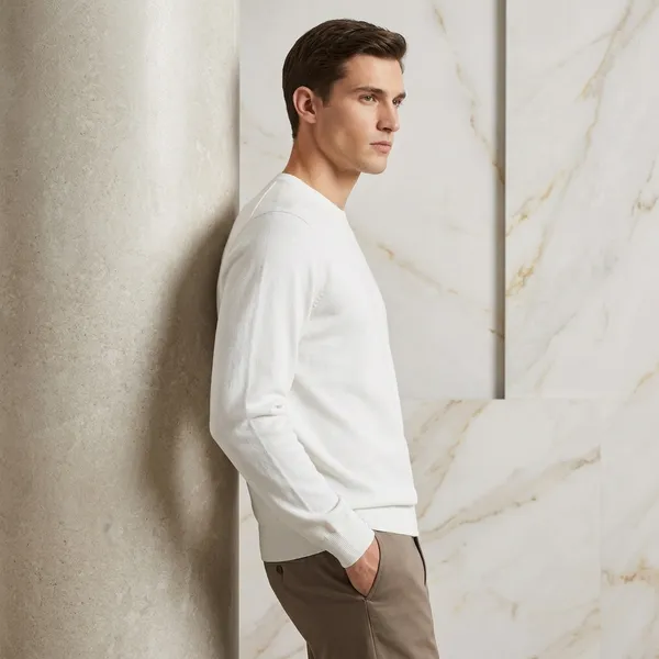 White_Cotton_Knit_Relaxed_Fit_Full_Sleeve_Crew_Neck_Pullover_For_Men