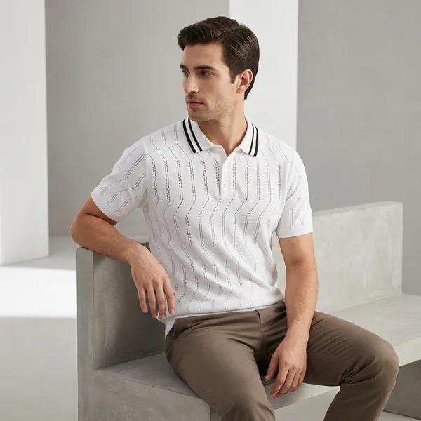 White_Cotton_Textured_Striped_Collar_Regular_Fit_Polo_T-Shirt_For_Men