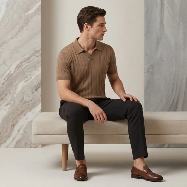 Brown_Cotton_Nylon_Ribbed_Knit_Polo_Collar_T-Shirt_For_Men