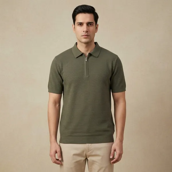 Olive_Green_Cotton_Textured_Knit_Quarter_Zip_Polo_T-Shirt_For_Men