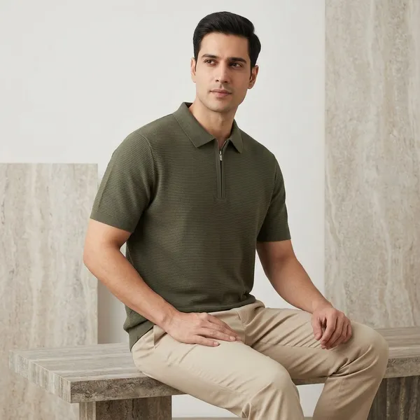 Olive_Green_Cotton_Textured_Knit_Quarter_Zip_Polo_T-Shirt_For_Men