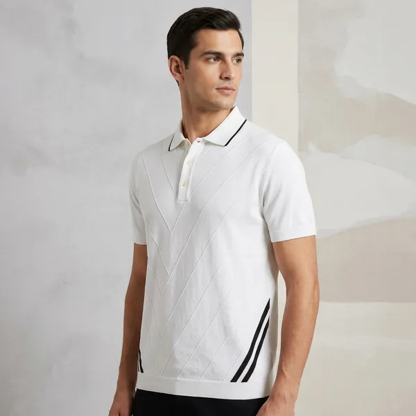 White_Cotton_Nylon_Diagonal_Striped_Regular_Fit_Polo_T-Shirt_For_Men