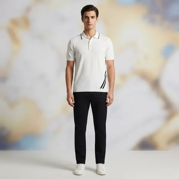 White_Cotton_Nylon_Diagonal_Striped_Regular_Fit_Polo_T-Shirt_For_Men