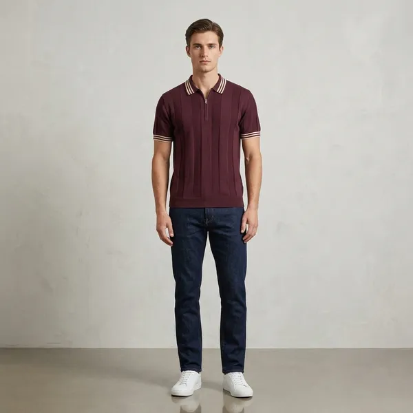Wine_Cotton_Nylon_Striped_Knit_Zip_Collar_Polo_T-Shirt_For_Men
