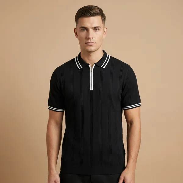 BLack_Textured_Knit_Contrast_Trim_Zip_Polo_T-Shirt_For_Men