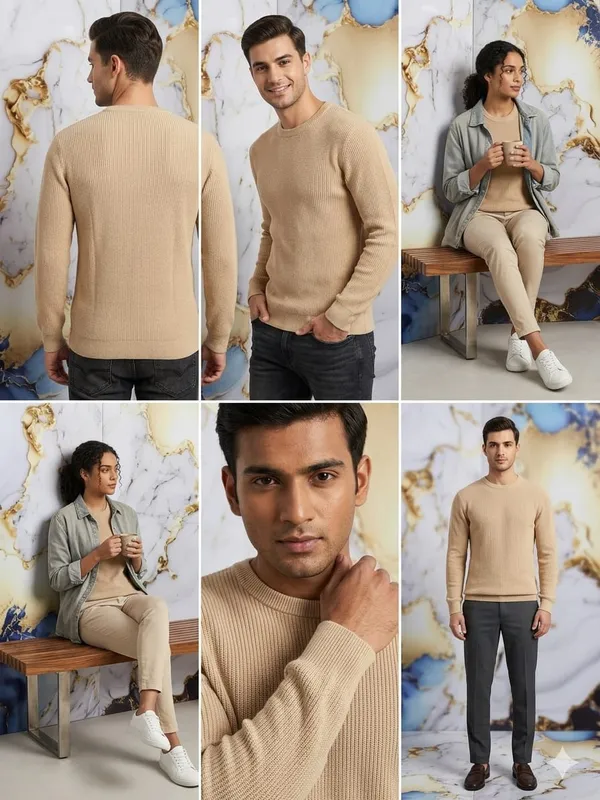 Beige_Cotton_Relaxed_Fit_Ribbed_Knit_Polo_T-Shirt_For_Men