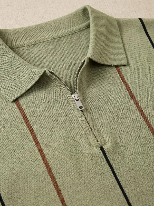 Sage_Green_Vertical_Stripe_Zip_Polo_T-Shirt_For_Men