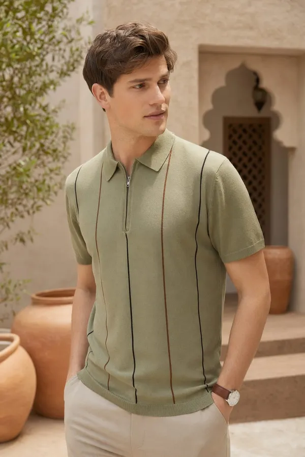 Sage_Green_Vertical_Stripe_Zip_Polo_T-Shirt_For_Men