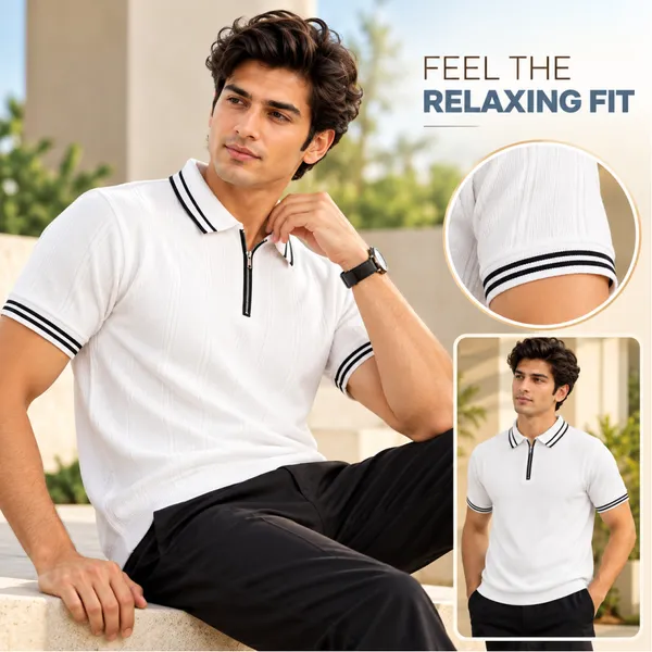 White_Textured_Knit_Contrast_Trim_Zip_Polo_T-Shirt_For_Men