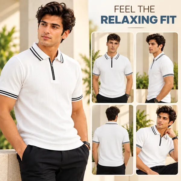 White_Textured_Knit_Contrast_Trim_Zip_Polo_T-Shirt_For_Men