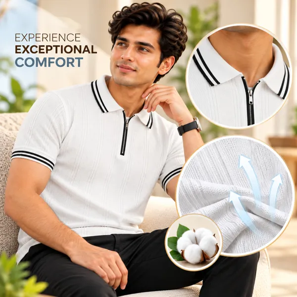 White_Textured_Knit_Contrast_Trim_Zip_Polo_T-Shirt_For_Men