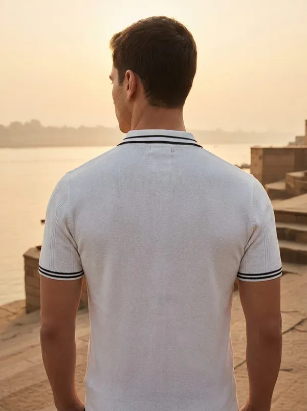 White_Textured_Knit_Contrast_Trim_Zip_Polo_T-Shirt_For_Men