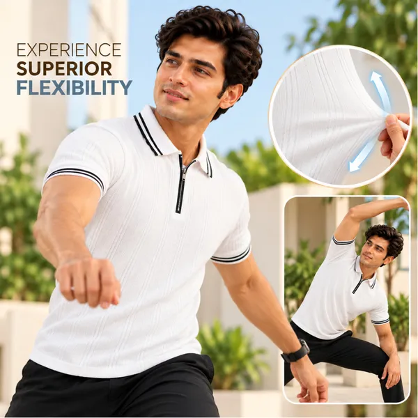 White_Textured_Knit_Contrast_Trim_Zip_Polo_T-Shirt_For_Men