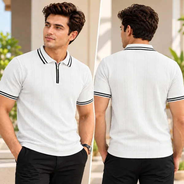 White_Textured_Knit_Contrast_Trim_Zip_Polo_T-Shirt_For_Men