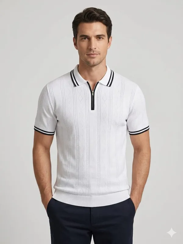 White_Textured_Knit_Contrast_Trim_Zip_Polo_T-Shirt_For_Men