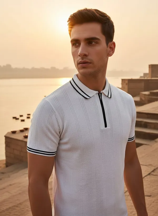 White_Textured_Knit_Contrast_Trim_Zip_Polo_T-Shirt_For_Men