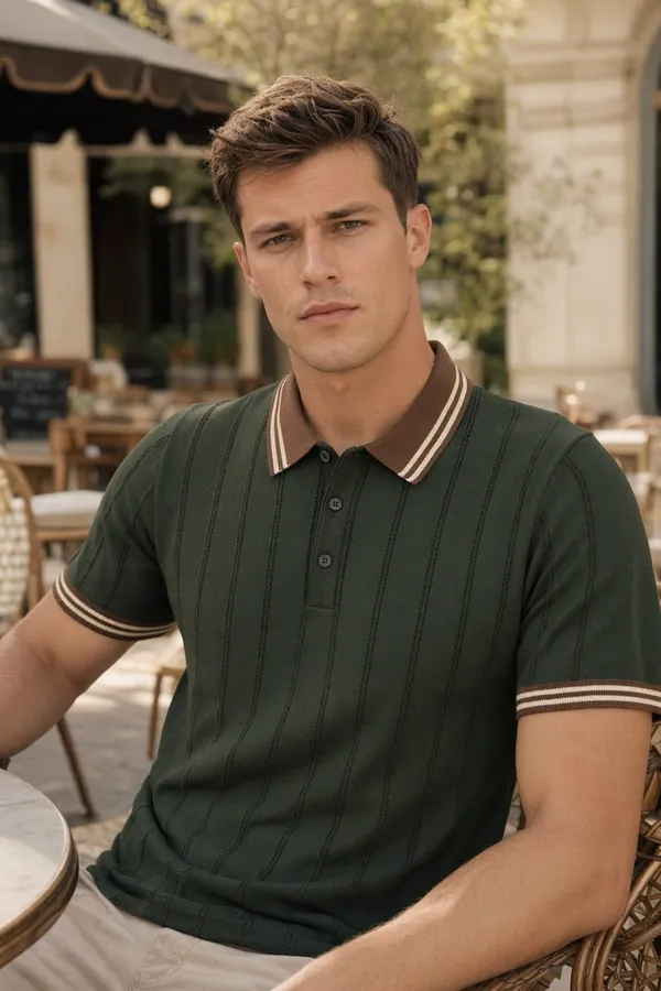 Mehendi_Cotton_Knit_Vertical_Stripe_Polo_T-Shirt_For_Men